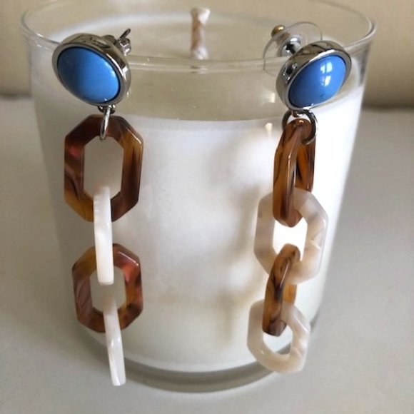 Ann Taylor Blue Stud w/ Mother of Pearl & Tortoise Chain‎ Link Dangle Earrings - Picture 1 of 3